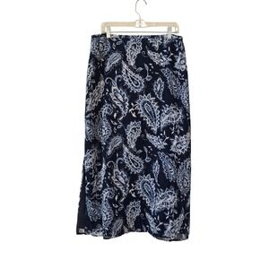 California Style‎ 100% Silk Paisley Midi Skirt Navy Blue White Size 12